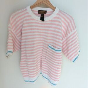 Vintage Pastel Pink and Blue Striped Knit Short Sleeve Sweater Top